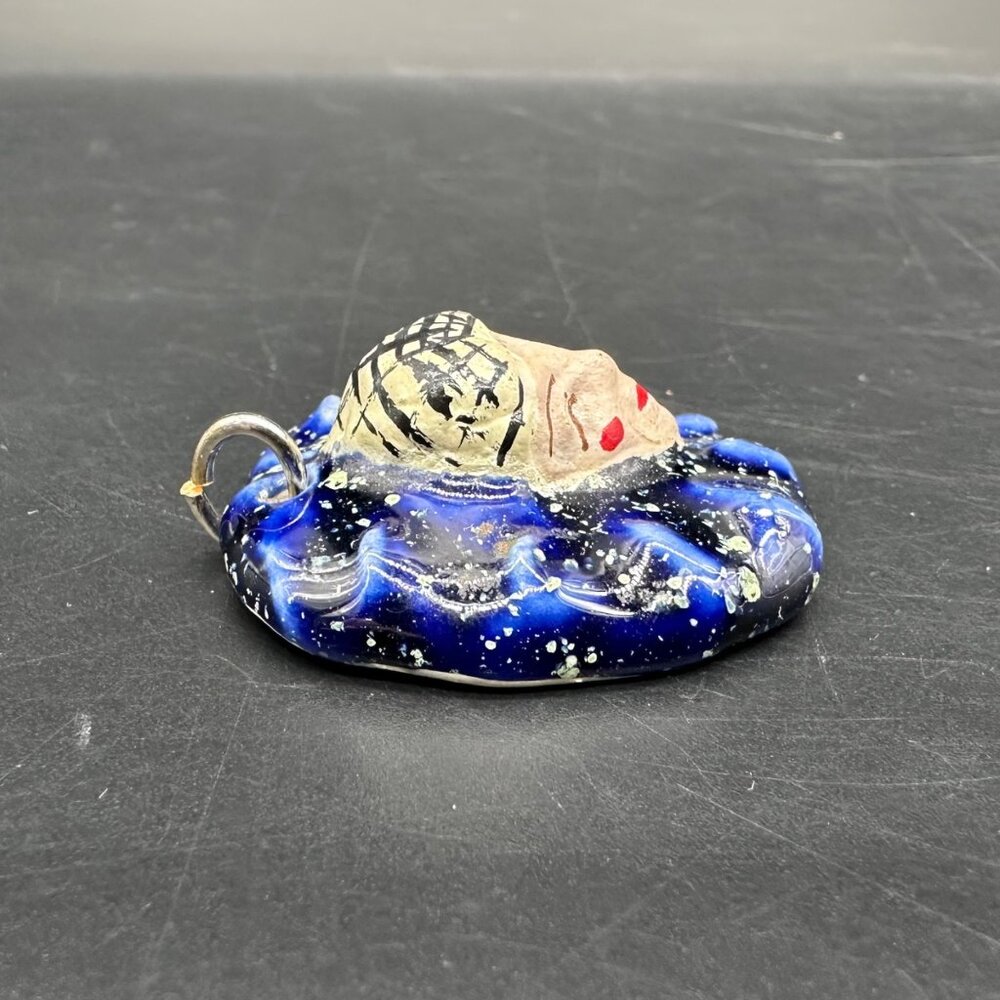 Vintage Harlequin Clown Pendant Bold Blue Cosmic Ceramic Charm Quirky Handmade - Picture 3 of 7